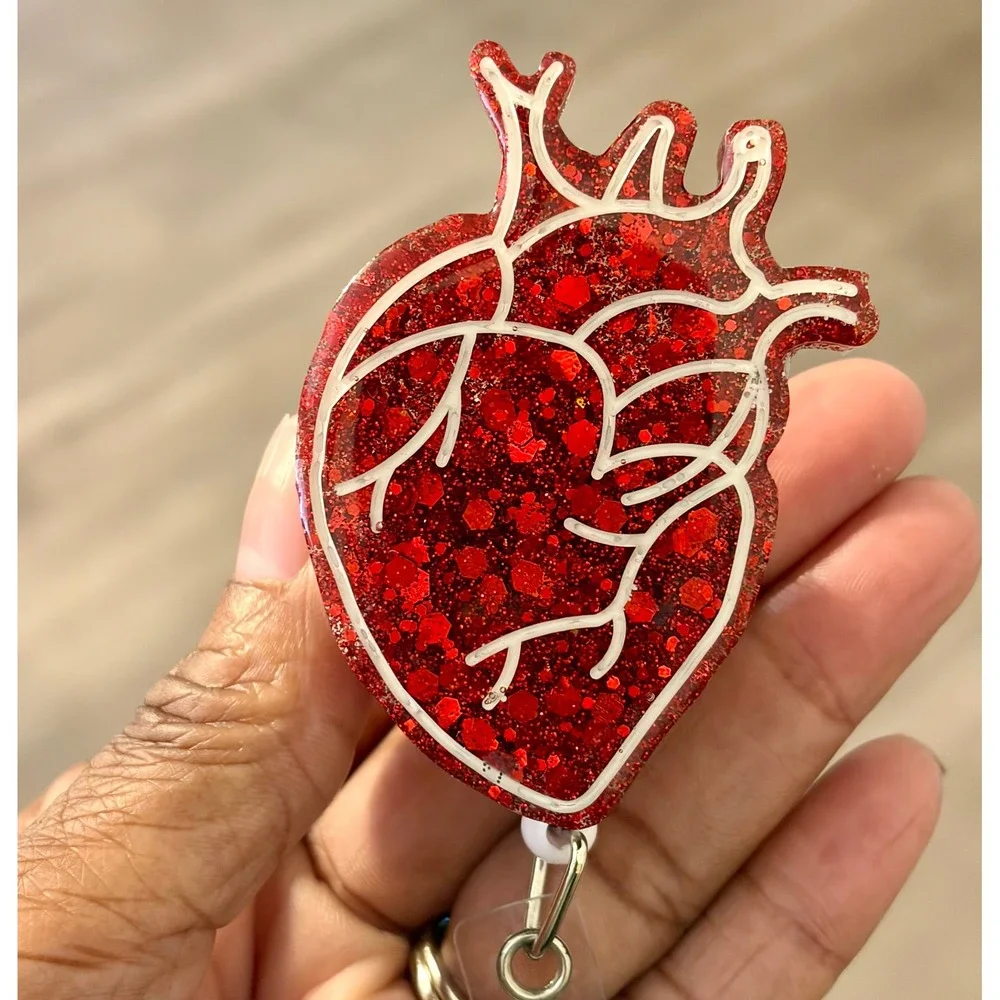 Anatomical Heart Badge Reel Red Glitter Retractable ID Holder Nurse Medical Gift